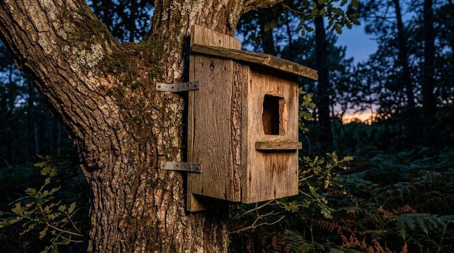 Nichoir pour chouette effraie posé sur un chêne en Charente-Maritime