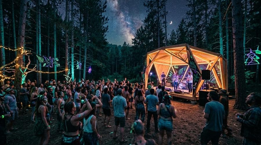 Scénographie éphémère et scène en bois pop-up dans les pins
