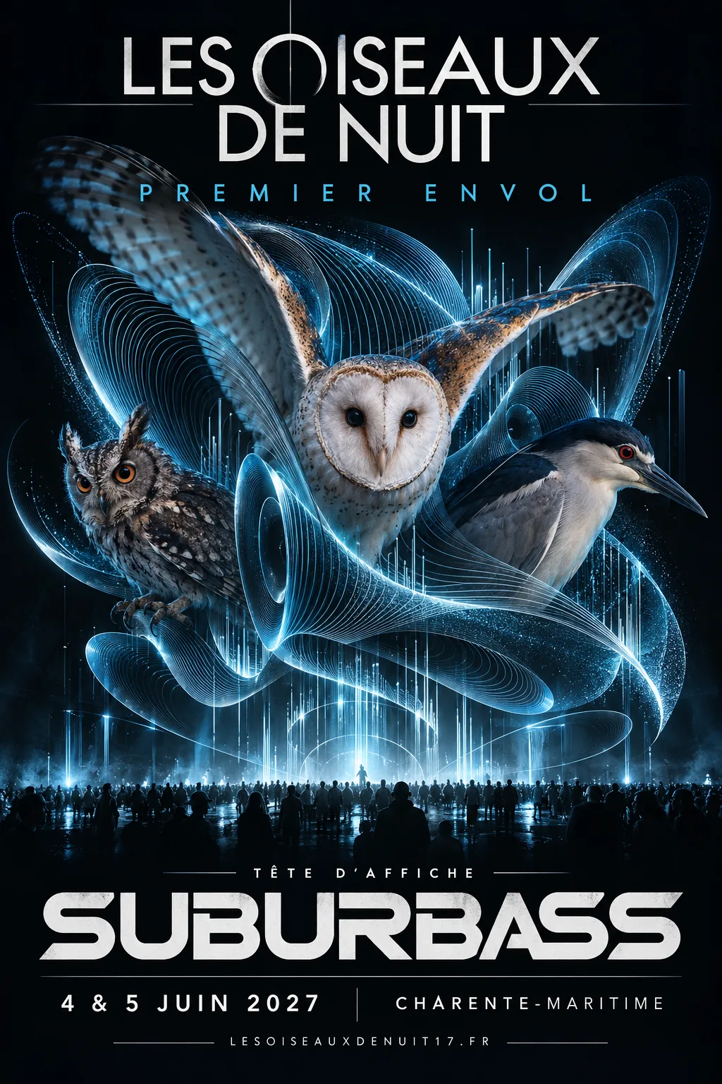 Affiche du festival Les Oiseaux de Nuit — Premier Envol, avec SUBURBASS en tête d'affiche les 4 et 5 juin 2027